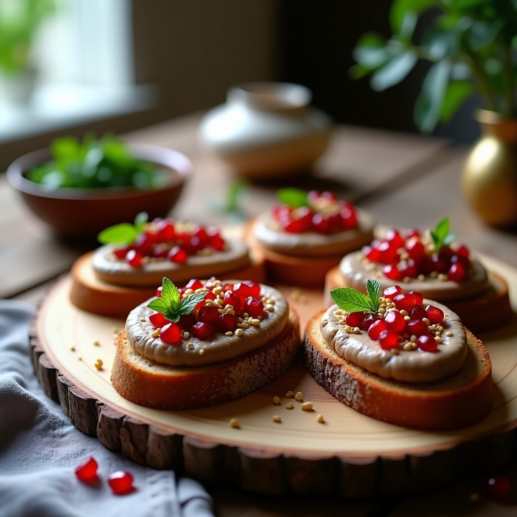 Tostadas de pan de centeno doradas con puré de berenjena cremoso, decoradas con semillas de granada rojas brillantes, hojas de menta fresca y ajonjolí tostado, aperitivo persa gourmet.