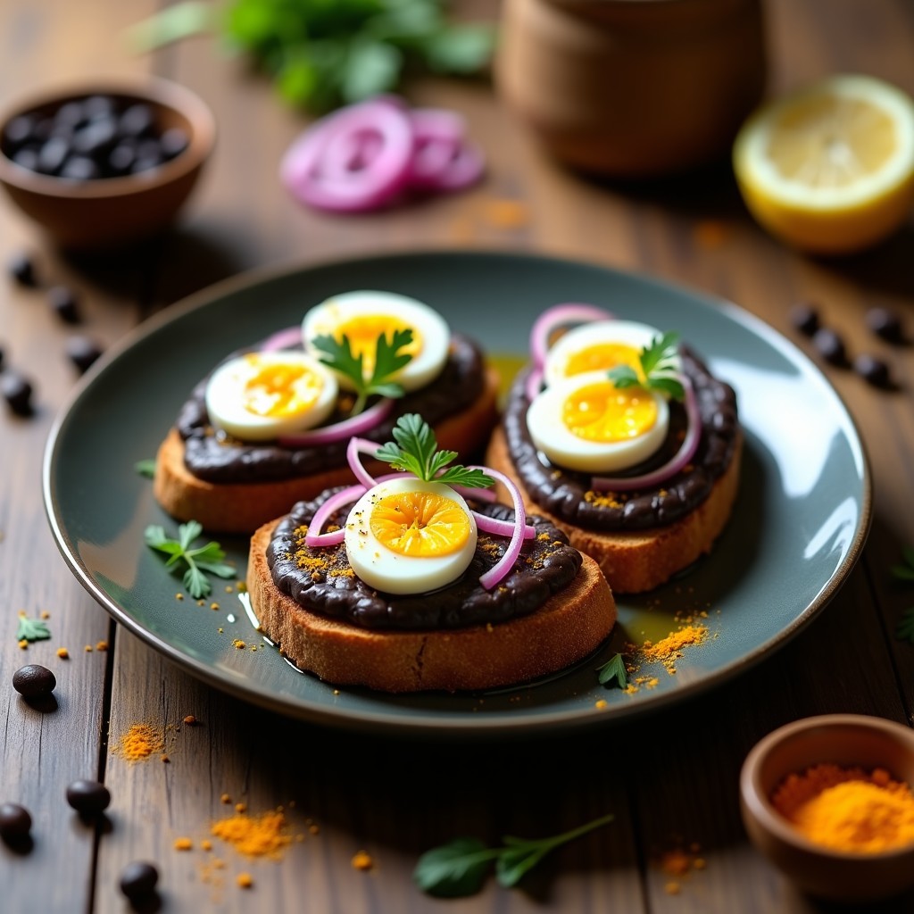 Tostadas doradas de pan de centeno con una capa cremosa de alubias negras, rodajas de huevo escabechado, cebolla morada en juliana y cilantro fresco. Desayuno peruano alto en proteína sobre fondo rústico de madera.
