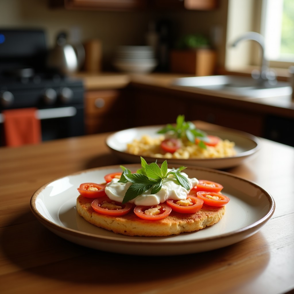 Tostadas doradas de pan de centeno sin gluten con una generosa capa de crema de habas de color verde claro, coronadas con hojas de rúcula fresca y semillas de sésamo tostadas. Plato rústico de madera con fondo borroso de cocina mediterránea.