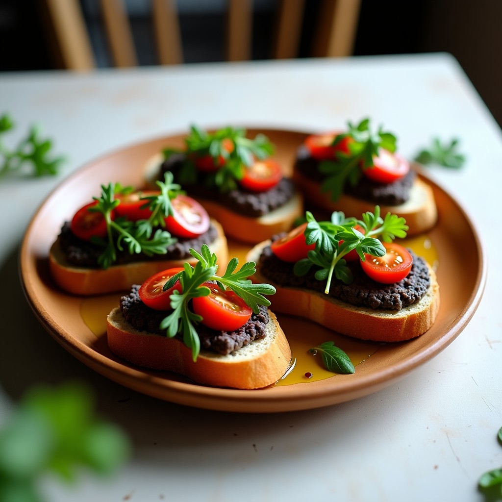 Tostadas doradas de pan de centeno con una capa generosa de paté oscuro de aceitunas negras y anchoas, decoradas con rúcula fresca, tomates cherry rojos y un hilo de aceite de oliva virgen extra sobre un plato de madera rústica, receta italiana rápida.