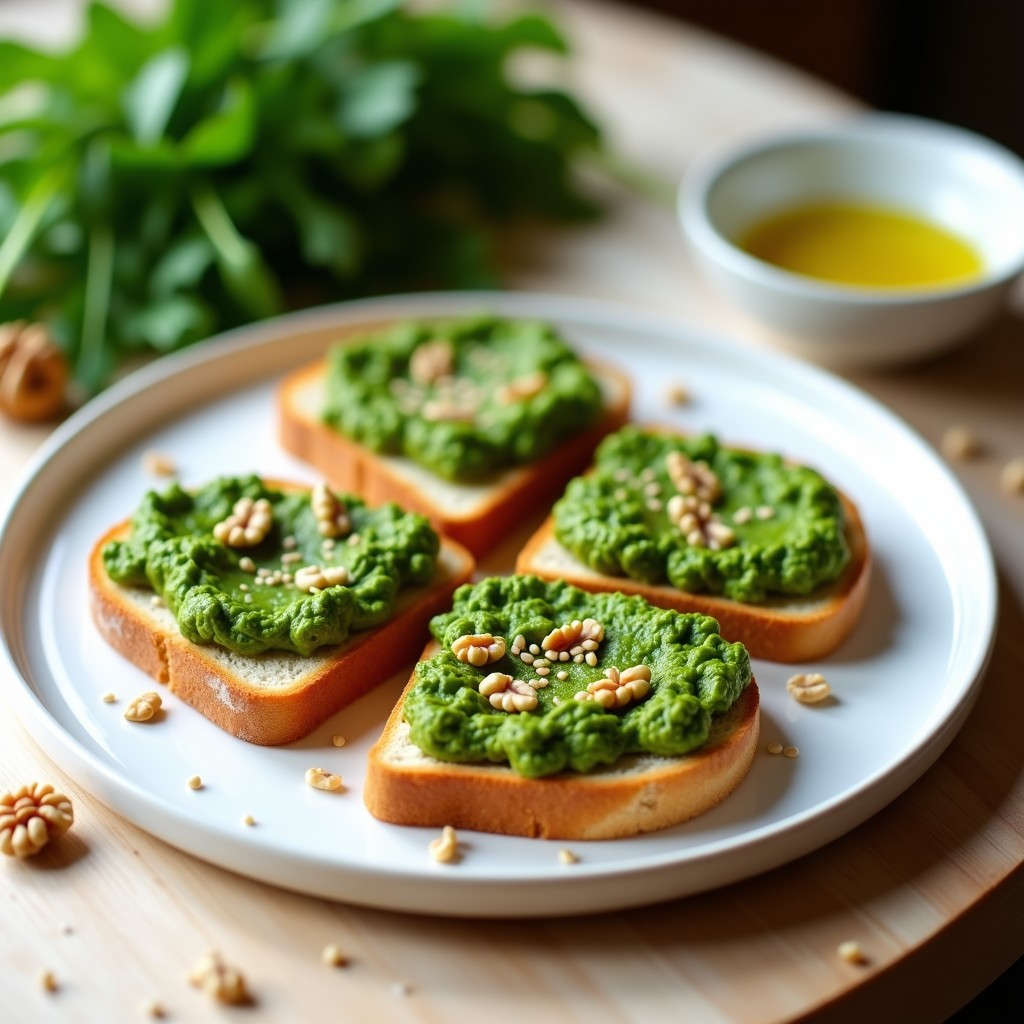 Tostadas doradas de pan de centeno con una capa cremosa de paté de berros y nueces, decoradas con semillas de sésamo. Plato de desayuno detox sobre fondo rústico de madera.