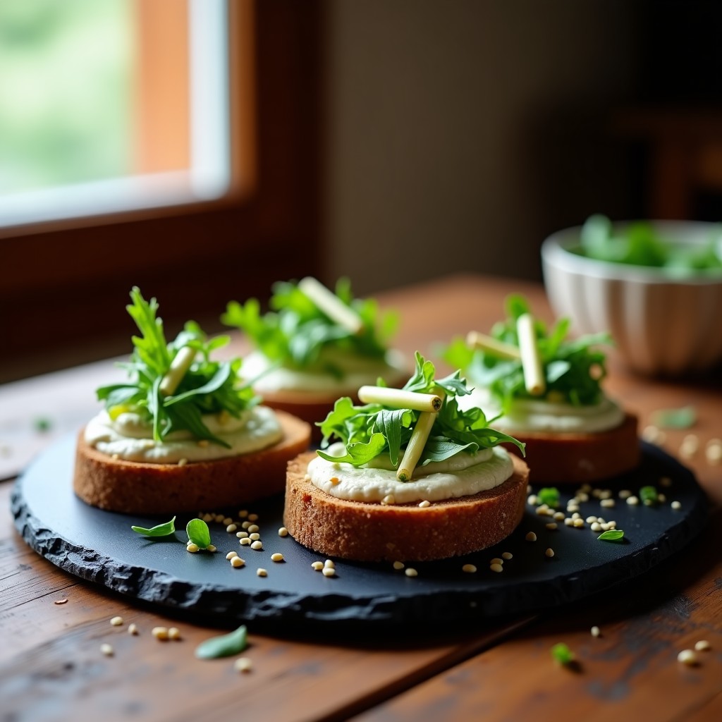 Tostadas doradas de pan de centeno sin gluten con una capa cremosa de paté de espárragos blancos, coronadas con rúcula fresca y almendras fileteadas tostadas. Plato de entrante alemán sin gluten, servido en un plato de madera rústica con un hilo de aceite de oliva virgen extra.