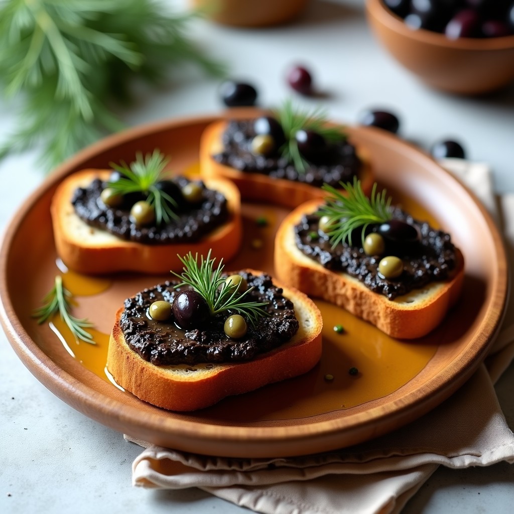 Tostadas doradas de pan de centeno sin gluten con paté cremoso de aceitunas verdes, alcaparras y anchoas, decoradas con rúcula fresca y tomates cherry cortados. Plato mediterráneo saludable y sin gluten.
