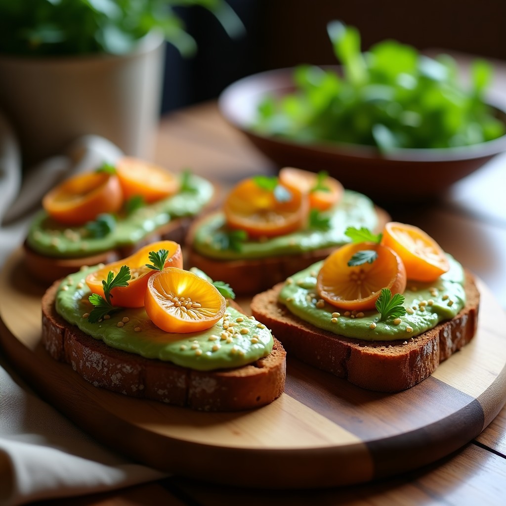 Tostadas de pan de centeno sin gluten con puré cremoso de habas verdes, hinojo caramelizado dorado, semillas de sésamo y hojas de cilantro fresco, servidas en una tabla de madera rústica.