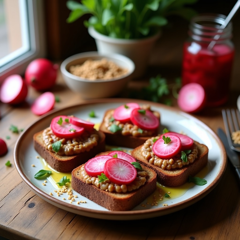 Tostadas de Pan de Centeo con Puré de Lentejas y Rábanos Encurtidos: Desayuno Vegano y Crujiente