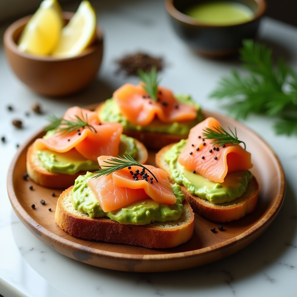 Tostadas doradas de pan de coliflor con capa cremosa de aguacate machacado, láminas de salmón ahumado rosado, espolvoreadas con eneldo fresco y semillas de sésamo negro sobre un plato de madera rústica, receta keto y sin gluten.