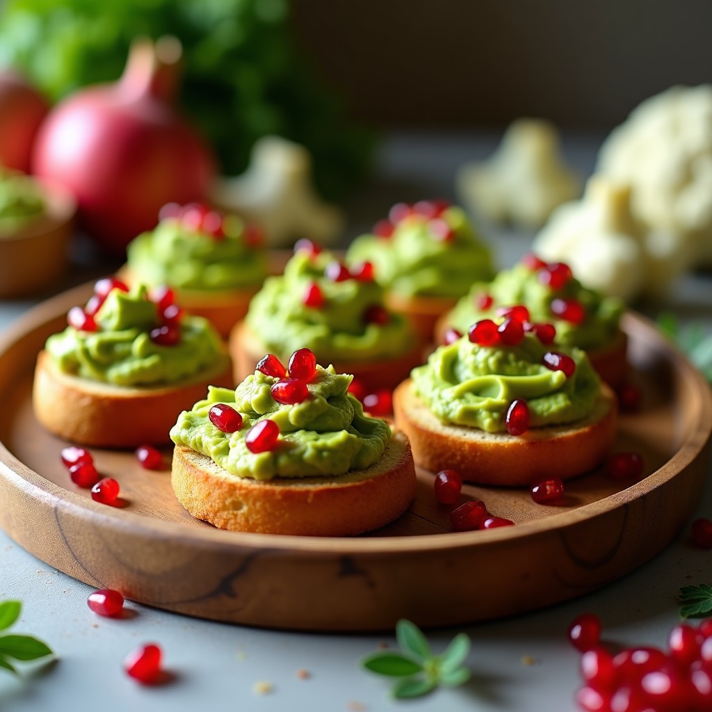 Tostadas doradas de pan de coliflor con guacamole cremoso de edamame y semillas de granado rojas dispersas, aperitivo keto crujiente sobre tabla de madera rústica.