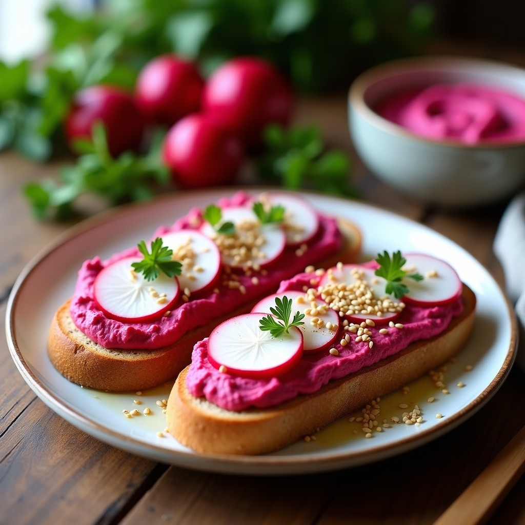 Tostadas doradas de pan de espelta con una generosa capa de hummus rosa de betabel, decoradas con láminas finas de rábano blanco, perejil picado y semillas de sésamo. Plato colorido y apetitoso, ideal para desayunos sin lactosa.