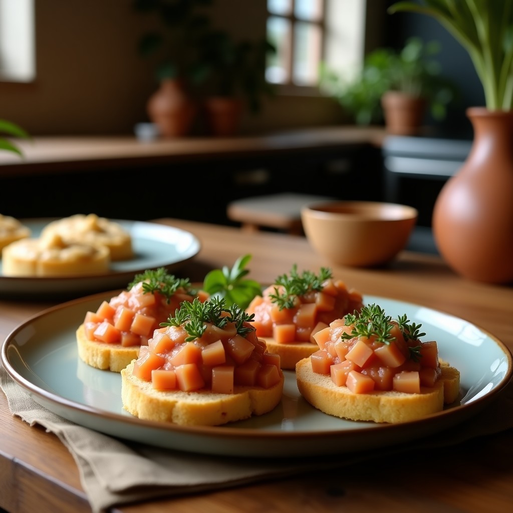 Tostadas doradas de pan de espelta con una capa cremosa de paté de alcachofas, decoradas con hojas de rúcula fresca y almendras fileteadas. Plato vegano sin gluten sobre fondo rústico de madera.