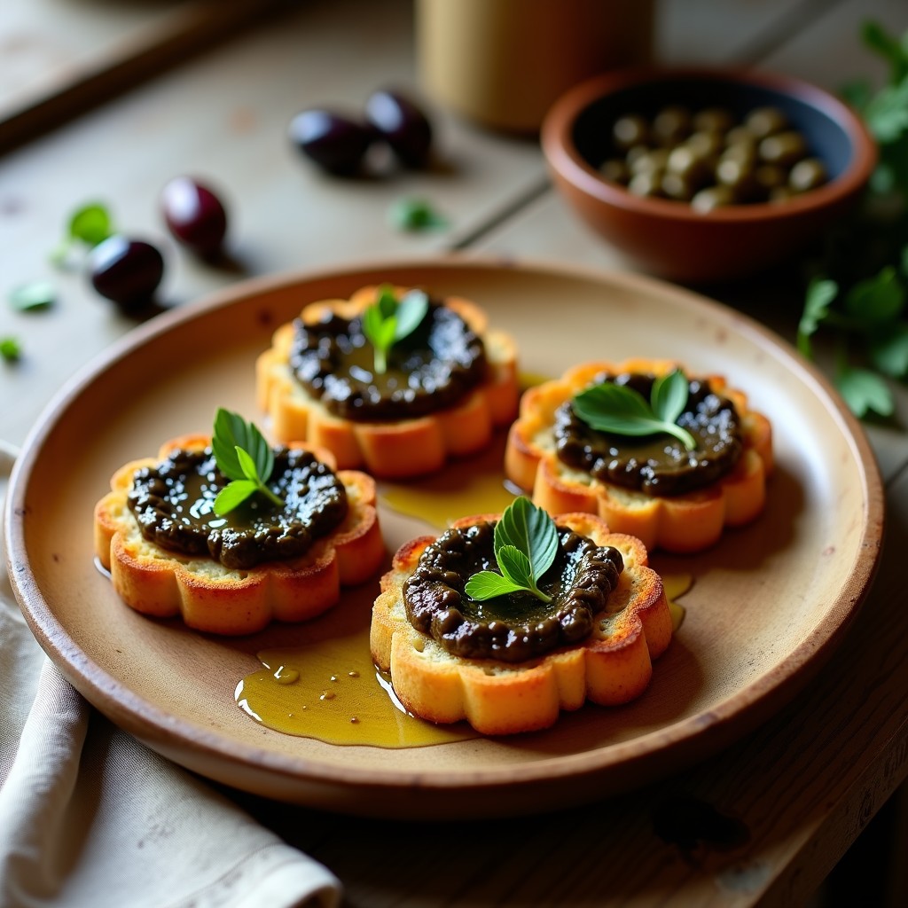 Tostadas doradas y crujientes de pan de garbanzo con un generoso pate oscuro de aceitunas kalamata y alcaparras, decoradas con perejil fresco y un hilo de aceite de oliva sobre un plato de madera rústica, aperitivo español keto.