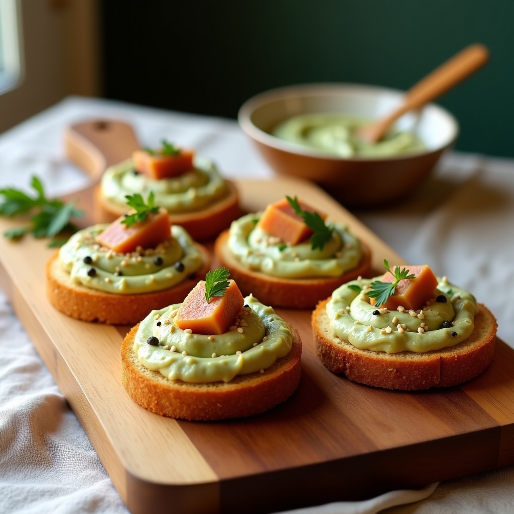 Tostadas doradas de pan de garbanzo crujiente con paté cremoso de alcachofa, decoradas con filetes de anchoa, perejil fresco y semillas de sésamo. Plato de desayuno sin gluten y alto en fibra, servido en tabla de madera rústica.