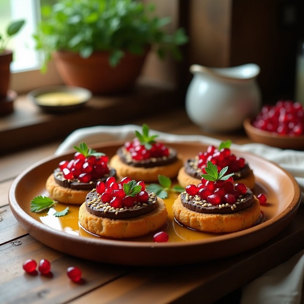 Tostadas doradas de pan de garbanzo crujiente con una capa cremosa de pâté de berenjena asada, espolvoreadas con semillas de sésamo y coronadas con granos rojos de granada fresca. Plato de aperitivo sin gluten y vegano, servido en bandeja de madera rústica.