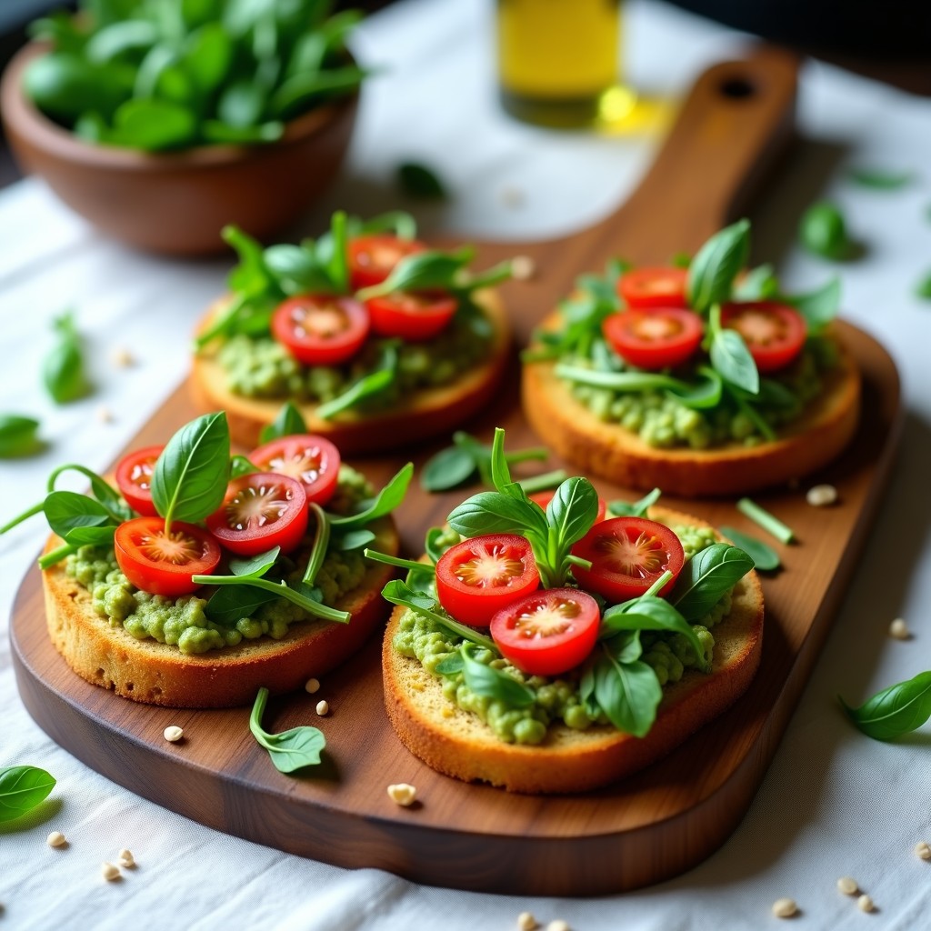 Tostadas doradas de pan de garbanzo sin gluten con pesto de albahaca verde vibrante, tomates cherry rojos y rúcula fresca, servidas en una tabla de madera rústica con fondo blanco.