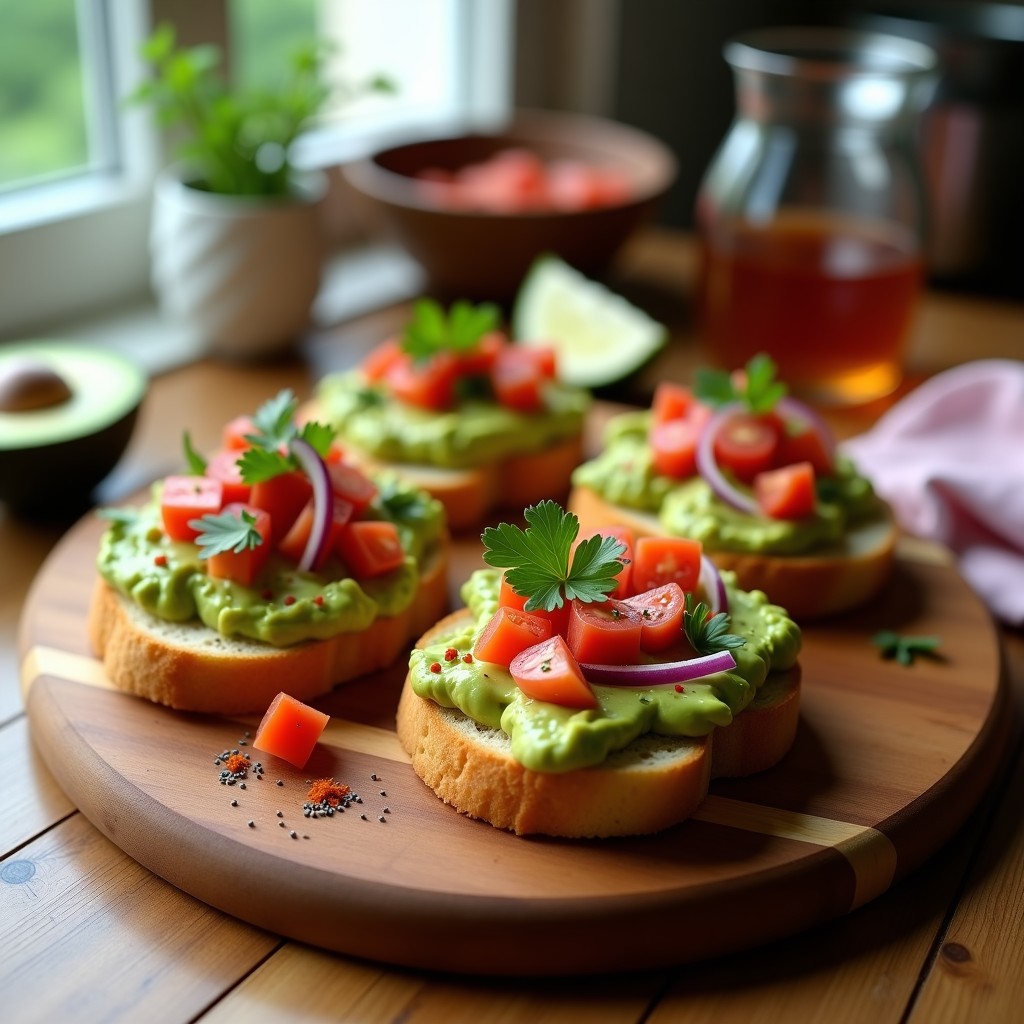 Tostadas doradas de pan de insectos con capas de aguacate cremoso, tomate fresco picado, cebolla morada y semillas de sésamo, servidas en un plato rústico de barro. Desayuno mexicano futurista alto en proteína y sostenible.