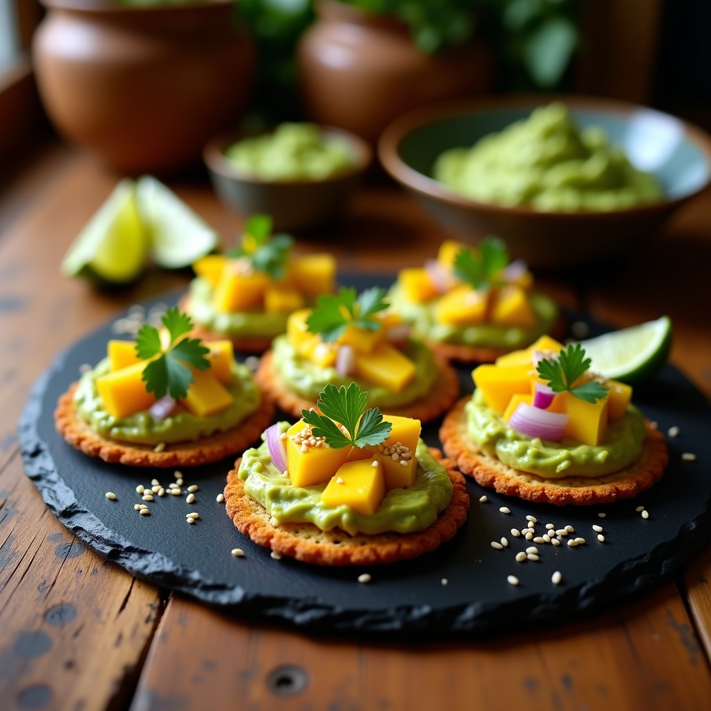 Tostadas doradas y crujientes de pan de insectos servidas en un plato de barro, cubiertas con guacamole cremoso de color verde claro con trozos de mango amarillo. Espolvoreadas con semillas de sésamo y acompañadas de rodajas de limón verde, sobre un fondo rústico de madera con elementos mexicanos como chiles secos.