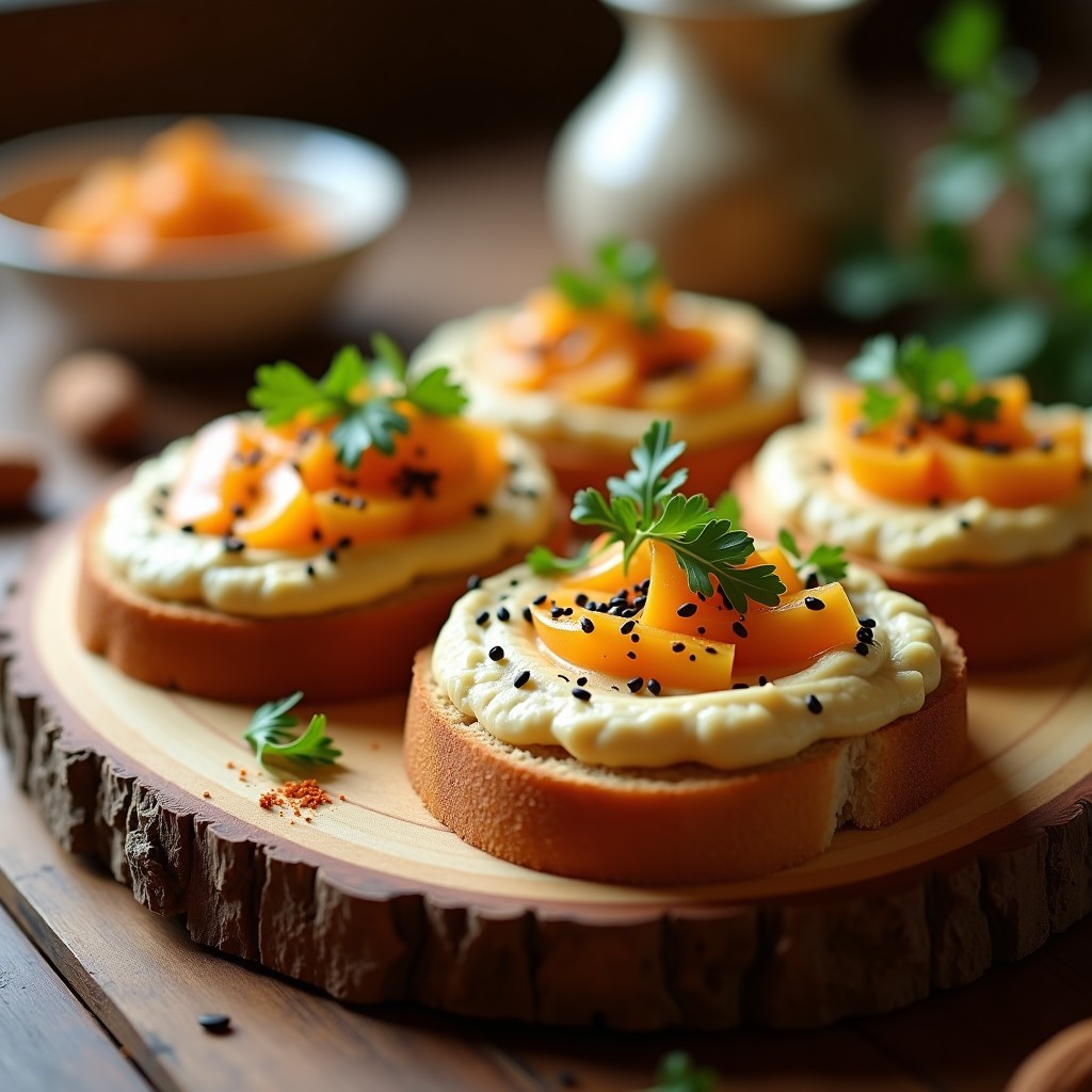 Tostadas doradas y crujientes de pan de insectos sobre tabla de madera, untadas con hummus de almendras cremoso, decoradas con perejil fresco y semillas de sésamo negro. Aperitivo futurista y crujiente con alto valor proteico.
