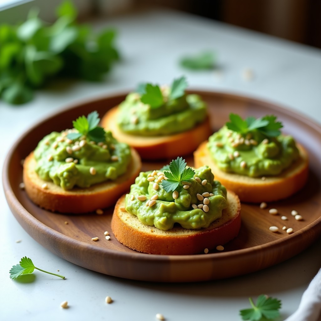 Tostadas doradas de pan de maíz con una generosa capa de guacamole de edamame verde brillante, decoradas con semillas de sésamo, trozos de jitomate cherry y cebolla morada. Plato servido sobre una tabla de madera rústica con fondo borroso.