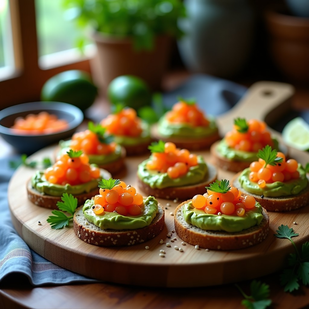Tostadas doradas de pan de maíz azul con una capa cremosa de aguacate verde, decoradas con huevas de salmón naranjas brillantes, cebolla morada y semillas de sésamo, servidas en un plato de barro rústico con fondo de madera oscura.