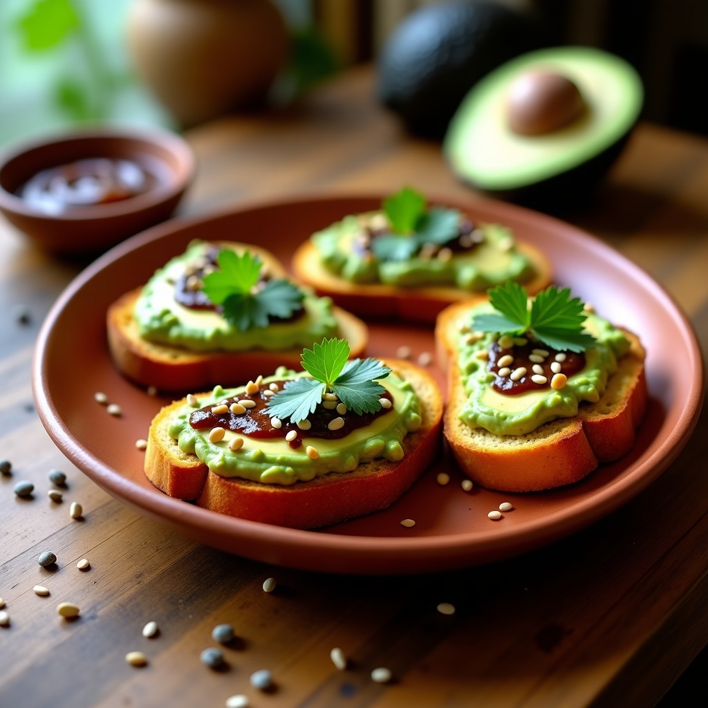 Tostadas doradas de pan de maíz azul con aguacate cremoso, cebolla morada en rodajas, cilantro fresco y salsa macha oscura, servidas en un plato de barro sobre una mesa rústica con fondo de telas mexicanas.