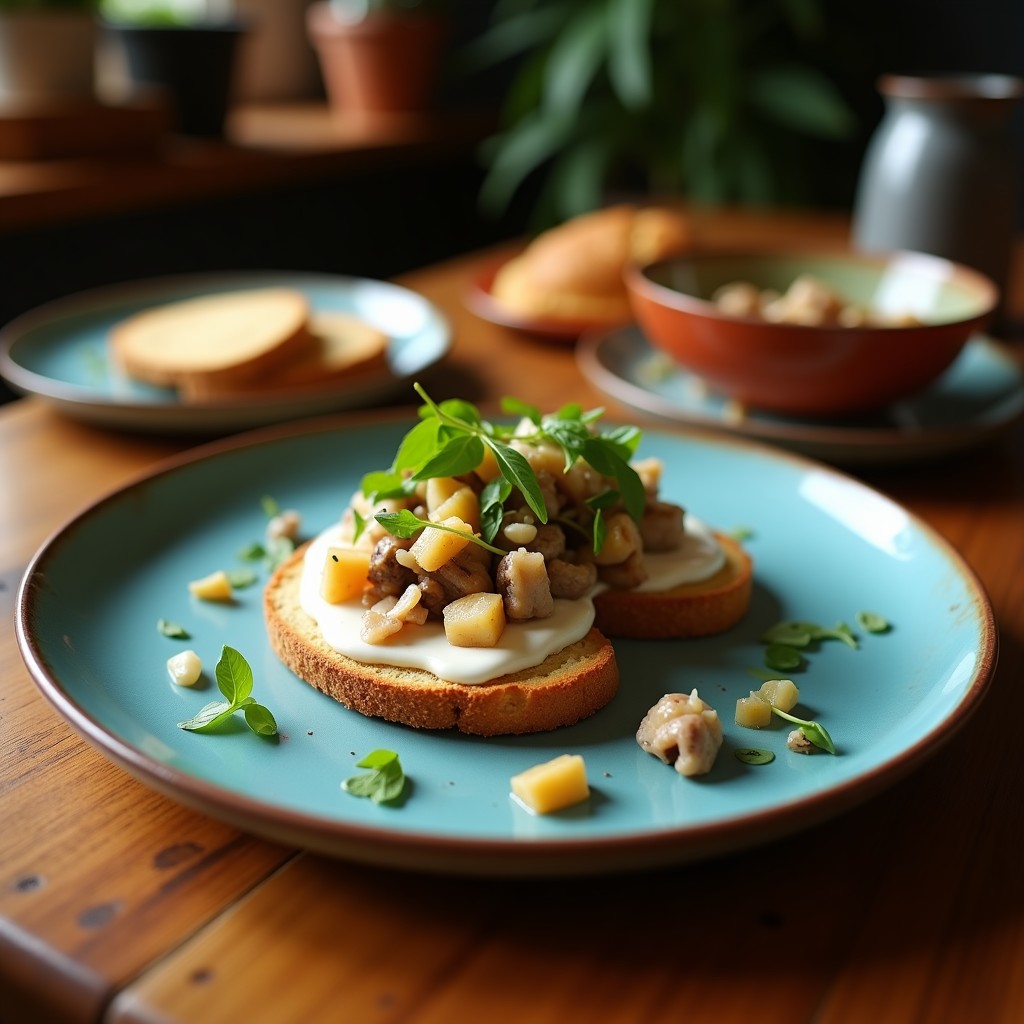 Tostadas triangulares de pan de maíz azul crujientes con ceviche de champiñones portobello marinados en limón y naranja sanguina, decoradas con aguacate, cilantro y semillas de sésamo negro. Plato colorido y fresco, ideal para aperitivo vegano y crudivegano.