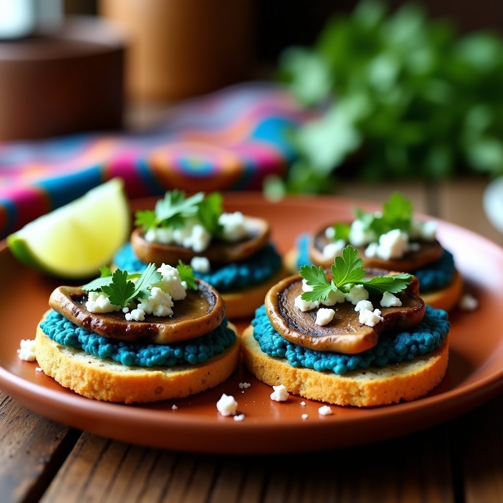 Tostadas de pan de maíz azul keto con champiñones al ajillo dorados, perejil fresco y queso desmenuzado, servidas en un plato rústico de barro con rodajas de limón verde al lado.