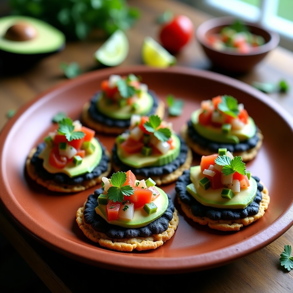 Tostadas doradas de pan de maíz azul con una capa cremosa de puré de frijol negro, coronadas con pico de gallo de mango verde, cebolla morada y cilantro, acompañadas de cubos de aguacate. Plato colorido y vibrante con tonos azules, negros y verdes.