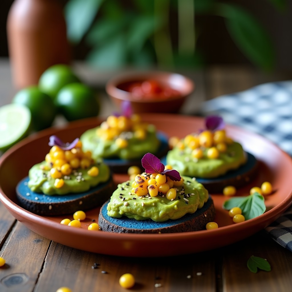Tostadas de Pan de Maíz Azul con Guacamole de Edamame y Granos de Elote: Aperitivo Mexicano en 10 Minutos