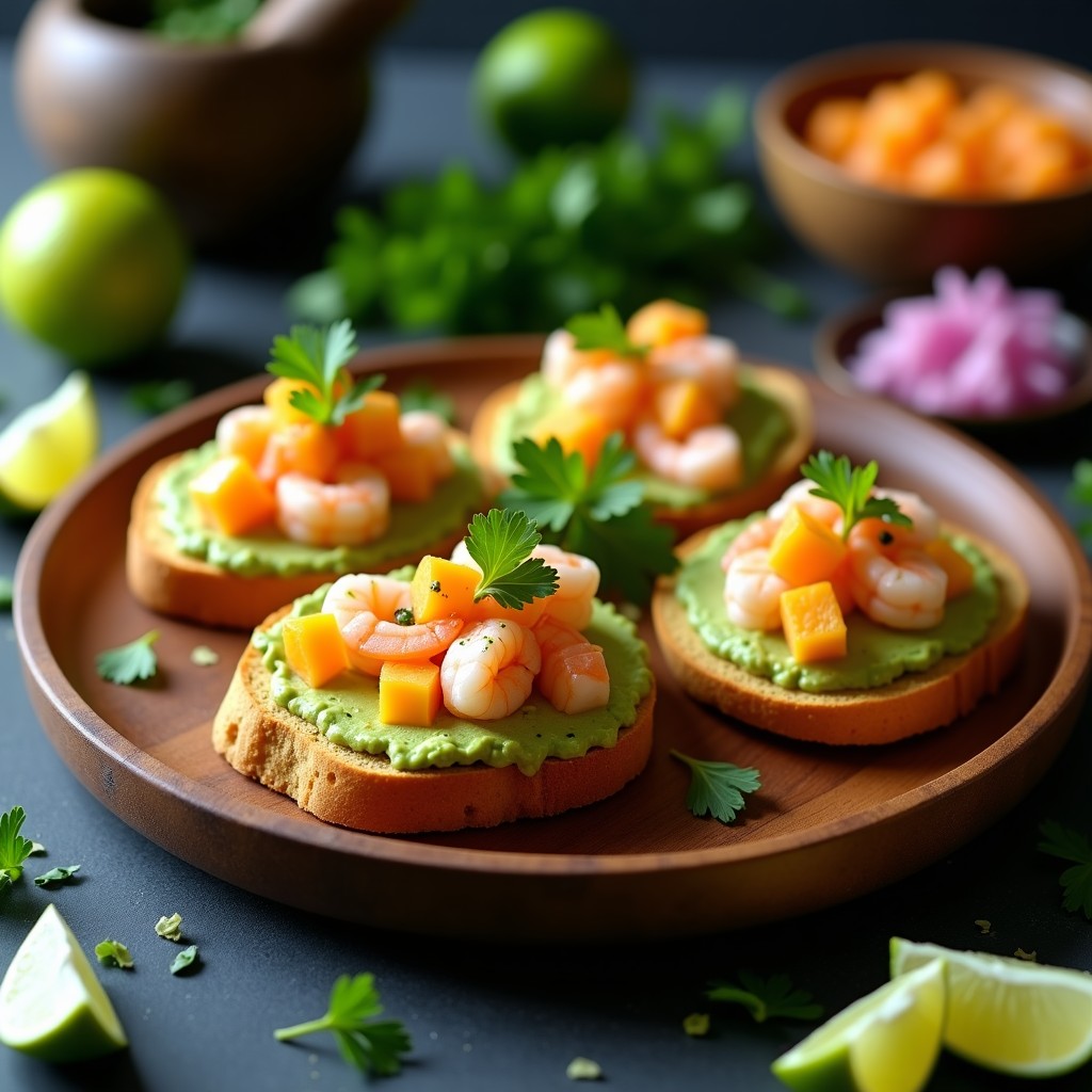 Tostadas doradas de pan de maíz sin gluten con ceviche de camarones rosados marinado en limón y ají amarillo, crema de palta verde y cilantro fresco, servidas en plato rústico de madera.