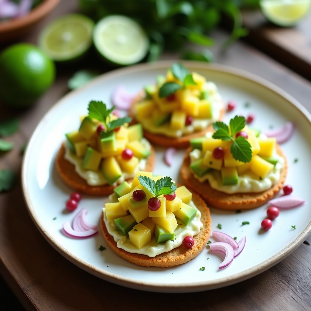 Plato blanco con 4 tostadas doradas de pan de maíz sin gluten, cubiertas con láminas de aguacate verde, ceviche de palmito marinado en leche de tigre amarilla, decoradas con pimienta rosa, cilantro fresco y hojas de stevia. Fondo rústico con limones verdes y rodajas de cebolla morada.