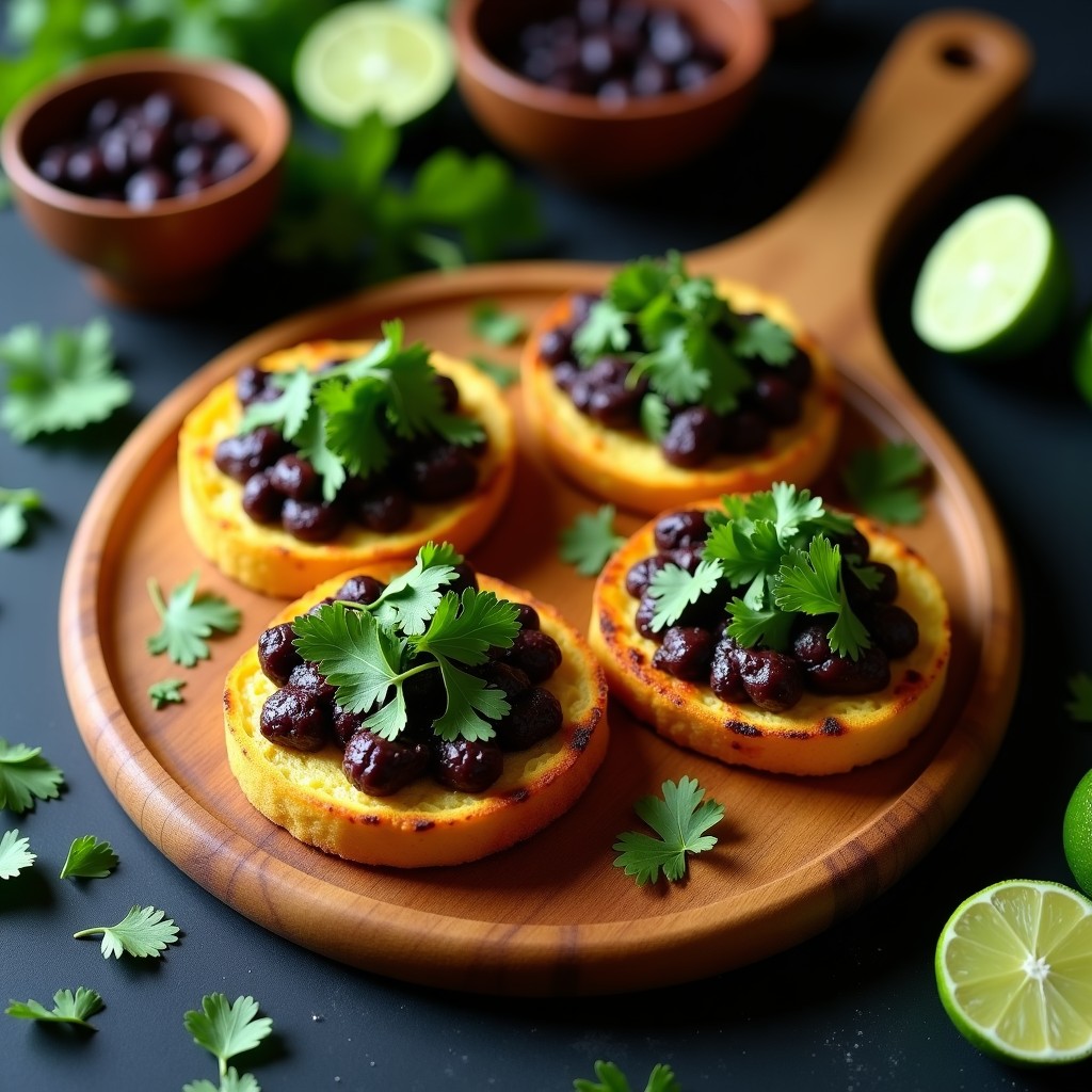 Tostadas doradas de pan de maíz crujiente con una capa cremosa de frijoles negros, coronadas con cebolla morada, jalapeños en rodajas y cilantro fresco. Plato vegano y picante con texturas contrastadas.