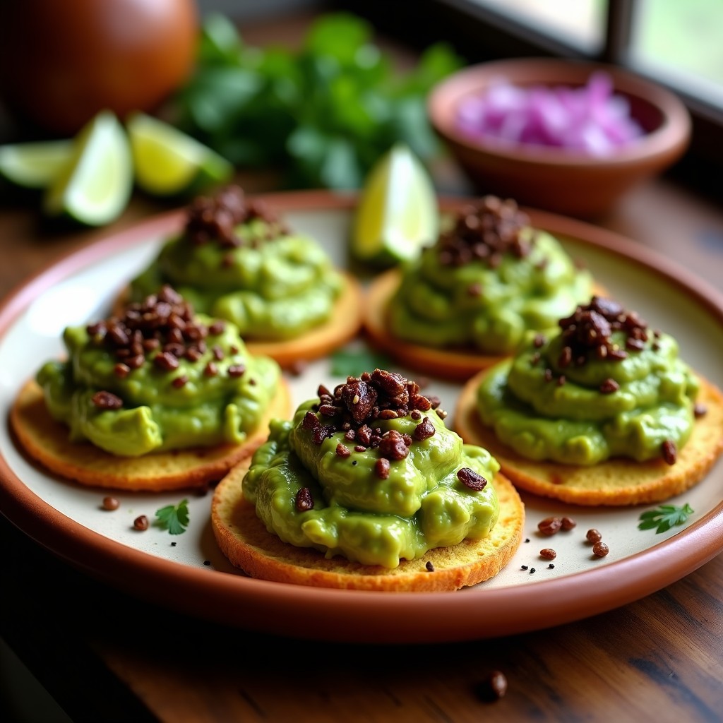 Tostadas doradas de pan de maíz con una capa cremosa de guacamole verde, coronadas con chapulines tostados y semillas de sésamo, servidas en un plato de barro rústico sobre una mesa de madera.