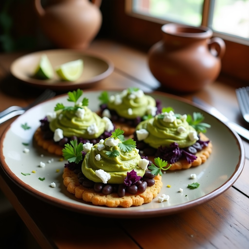 Tostadas crujientes de pan de maíz azul con capas de guacamole verde cremoso, frijoles negros aplastados y queso cotija desmenuzado, servidas sobre hojas de lechuga morada. Desayuno mexicano keto saludable y colorido.