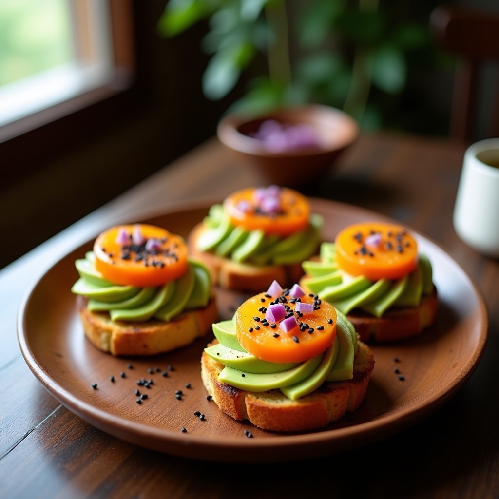 Tostadas doradas de pan de maíz con una generosa capa de guacamole cremoso de color naranja claro (mamey) y verde (aguacate), decorado con semillas de sésamo y trocitos de cebolla morada, sobre un plato de madera rústica con fondo desenfocado.