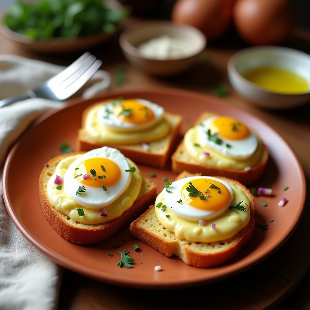 Plato rústico de madera con dos tostadas doradas de pan de maíz sin gluten, untadas con un cremoso puré de habas de color beige, coronadas con tres huevos de codorniz fritos con yema líquida y espolvoreadas con perejil fresco. Desayuno andaluz sin gluten rápido y alto en proteína.