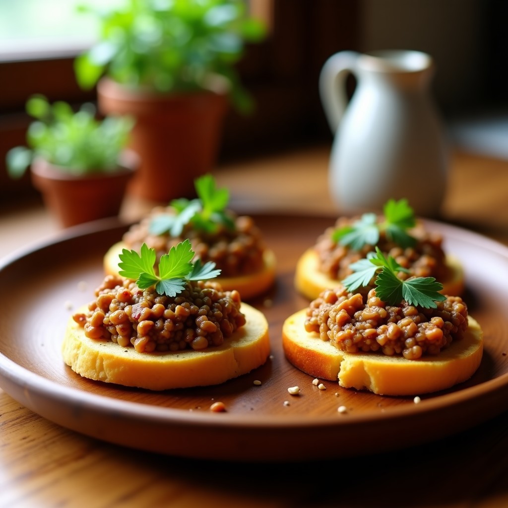 Tostadas doradas de pan de maíz sin gluten con una capa cremosa de pâté de lentejas y tomate ahumado, decoradas con semillas de sésamo y perejil fresco. Plato rústico de madera con fondo borroso.