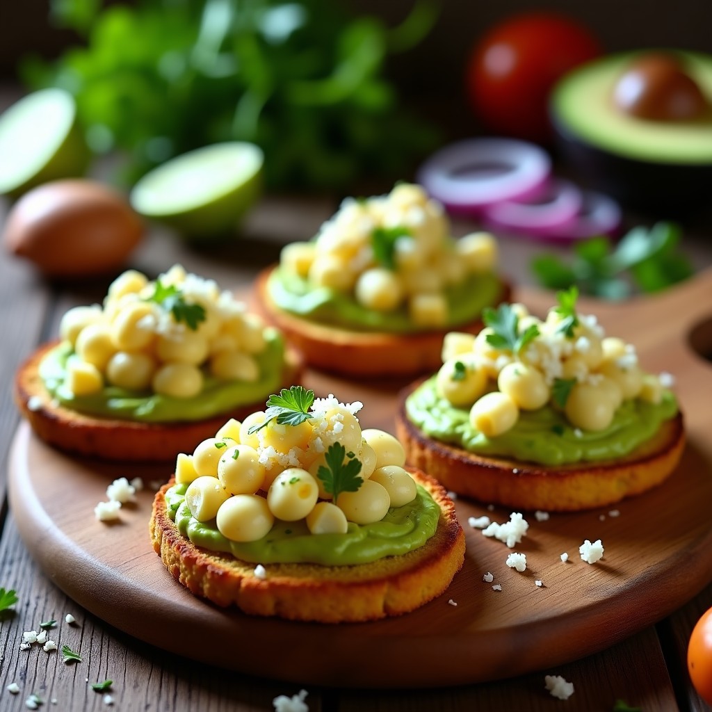 Plato de tostadas doradas de pan de maíz con crema de aguacate verde, pochas amarillas en trozos, queso fresco desmenuzado y semillas de sésamo. Receta peruana alta en fibra, servida sobre una tabla de madera rústica con limones y cilantro de fondo.