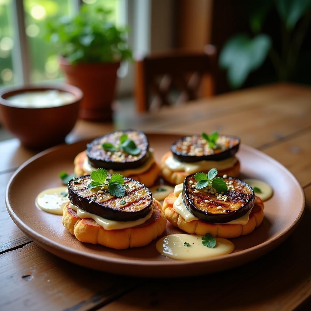 Tostadas de Pan de Mandioca con Berenjena Asada y Tahini: Desayuno Brasileño Vegano