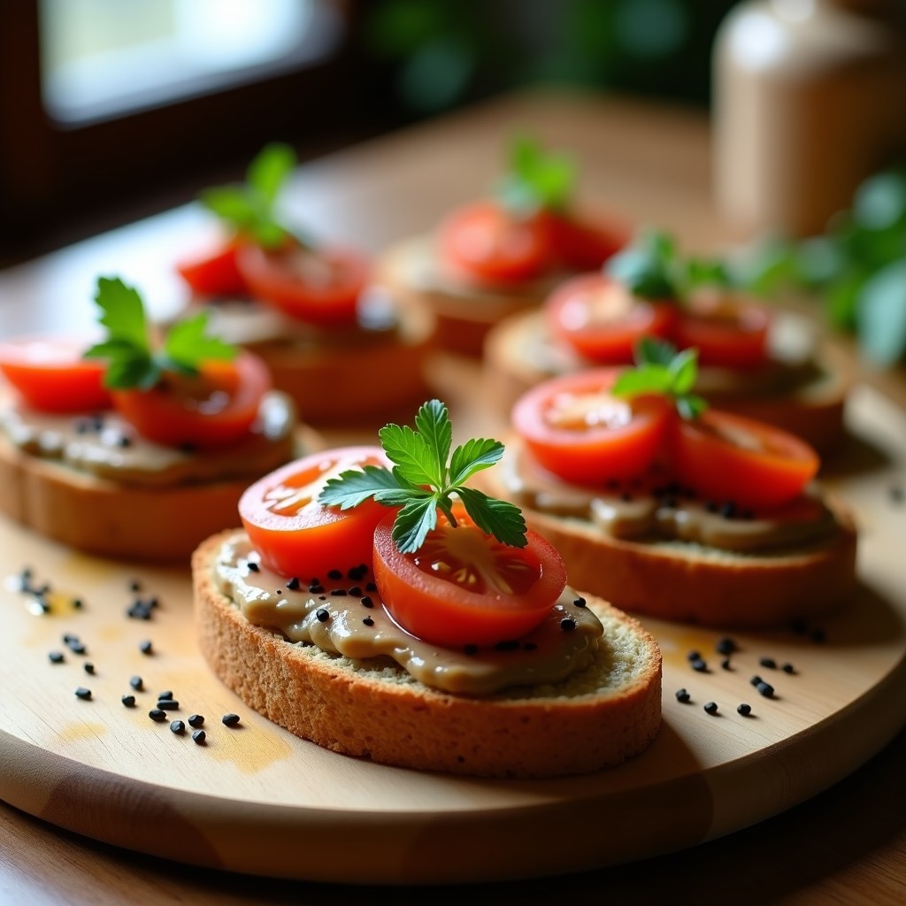 Tostadas doradas de pan de mijo con una capa cremosa de pâté de berenjena, decoradas con tomates cherry en cuartos, hilo de aceite de algodón brillante y semillas de sésamo negro. Plato de aperitivo gluten-free y gourmet sobre fondo rústico de madera.
