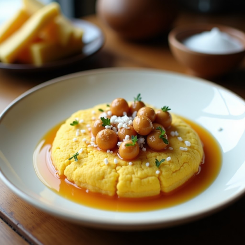 Plato rústico con tostadas doradas de pan de millo, cubiertas con guacamole cremoso de aguacate, tomate y cilantro, y coronadas con huevos de gallina criolla fritos con yema líquida. Desayuno colombiano tradicional servido en mesa de madera.