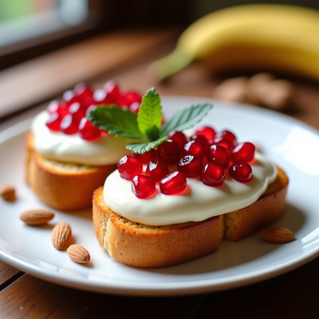 Tostadas doradas de pan de plátano keto sin gluten con una capa sedosa de crema de almendras y semillas rojas de granada fresca, servidas en un plato blanco sobre fondo rústico de madera.