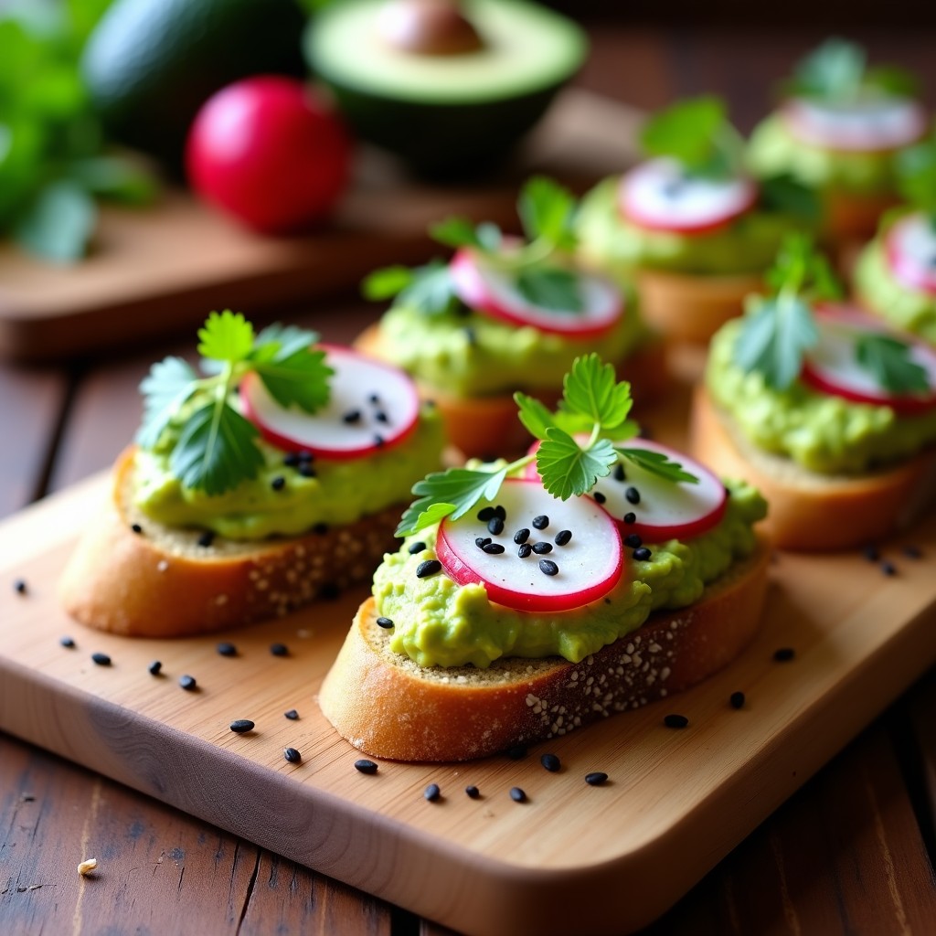 Tostadas doradas de pan de semillas con una capa cremosa de guacamole de edamame verde, decoradas con rodajas rosadas de rábanos, cilantro fresco y semillas de sésamo negro y girasol. Plato vegano crujiente y colorido sobre fondo rústico de madera.