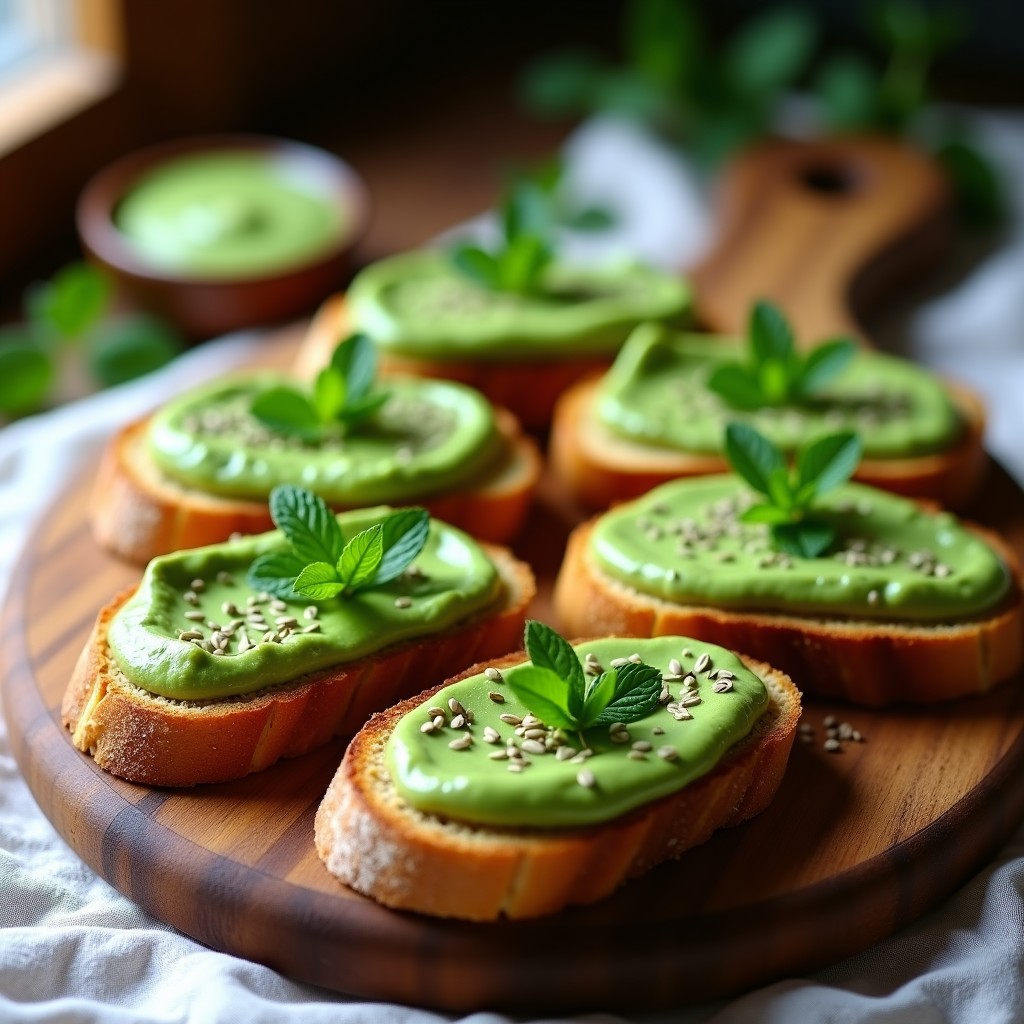Tostadas doradas de pan de semillas con capas de puré de guisantes verde vibrante y hojas de menta fresca, decoradas con semillas de cáñamo. Plato de aperitivo keto crujiente sobre fondo rústico de madera.