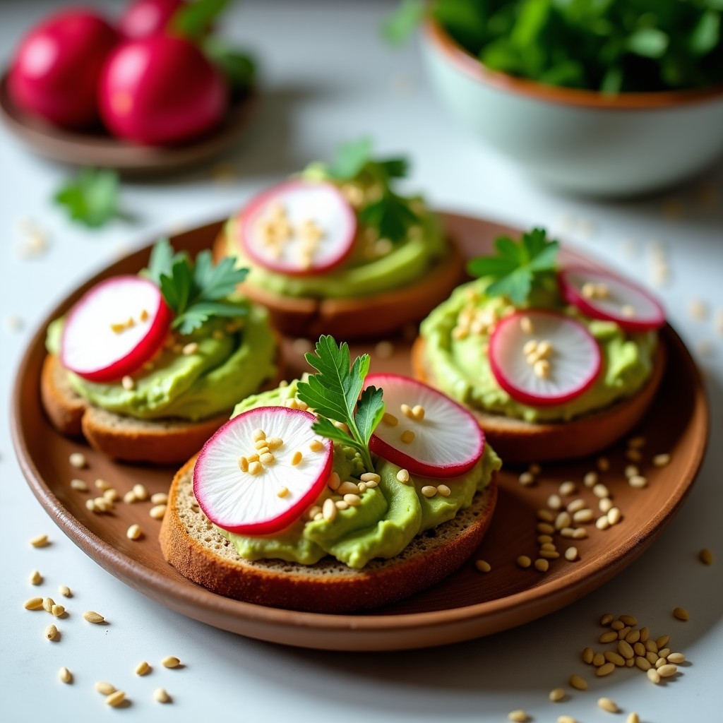 Plato rústico con tostadas doradas de pan de sorgo, cubiertas con aguacate cremoso, rodajas de rábano rosado y decoradas con semillas de sésamo y hojas de cilantro. Receta vegana y sin gluten.