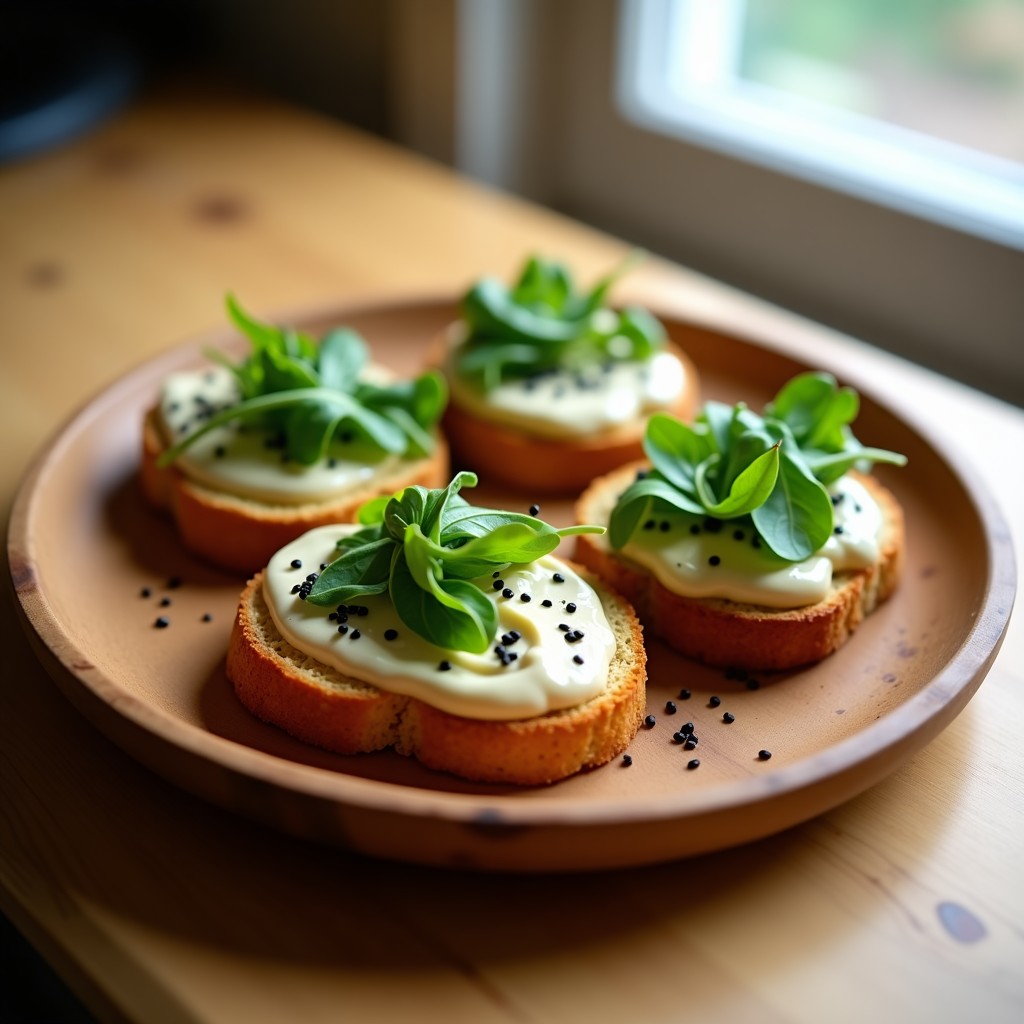 Tostadas doradas de pan de sorgo crujientes con crema de anacardos sedosa, rúcula fresca y semillas de amapola, servidas en un plato de madera rústico. Desayuno vegano sin gluten preparado en airfryer.