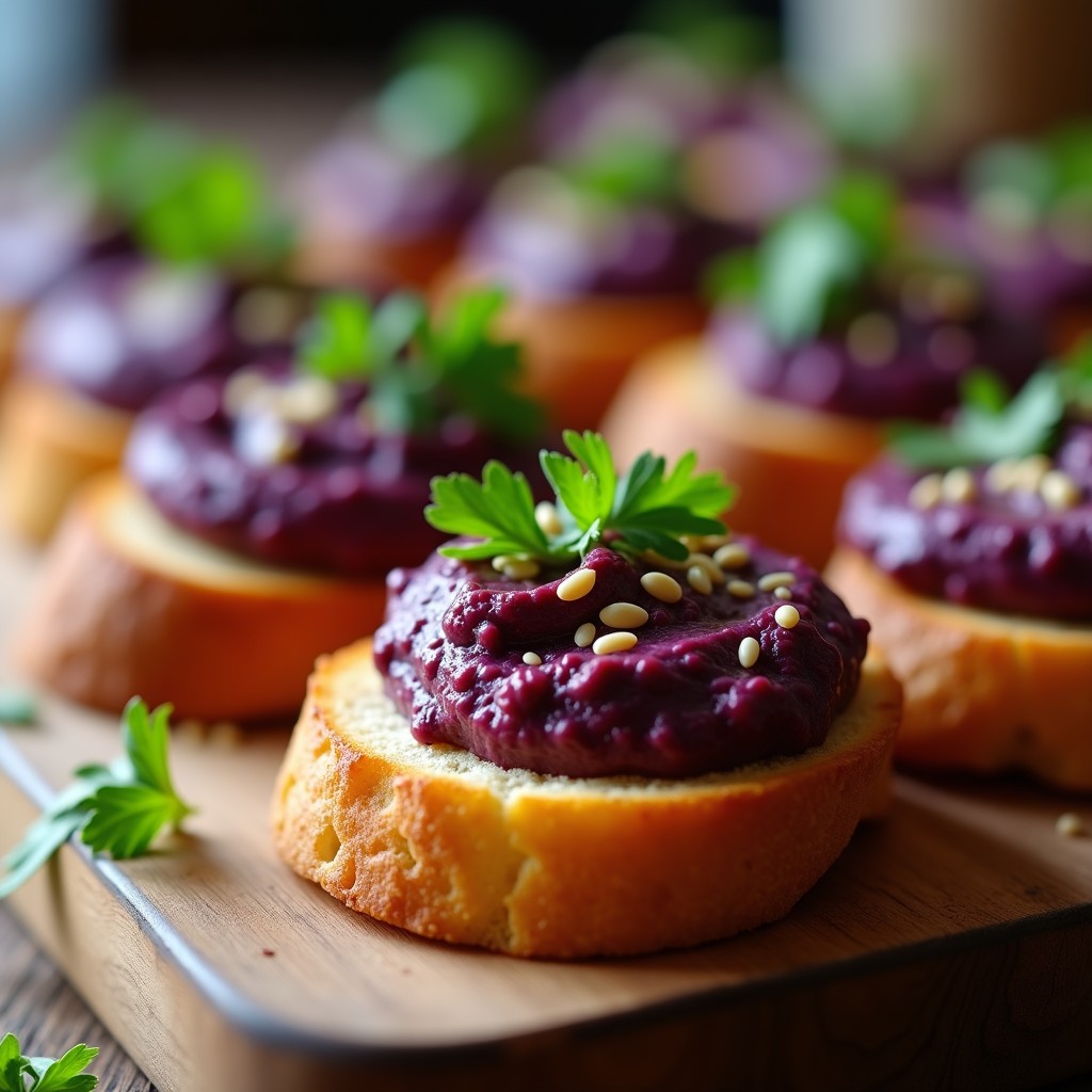 Tostadas doradas de pan de sorgo crujientes con un generoso dip cremoso de lentejas moradas y grenetina, decoradas con perejil fresco y semillas de sésamo tostadas, sobre una tabla de madera rústica con fondo difuminado.
