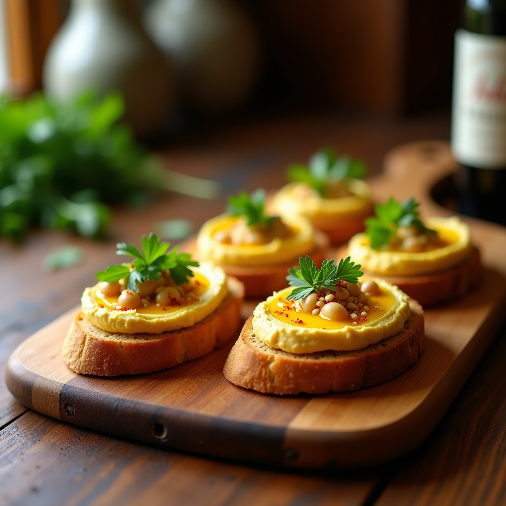 Tostadas doradas de pan de sorgo crujiente con una capa cremosa de hummus de habas, decoradas con aceite de oliva virgen extra, perejil fresco, semillas de sésamo y pimentón dulce. Receta libanesa sin gluten y vegana servida en una tabla de madera rústica.