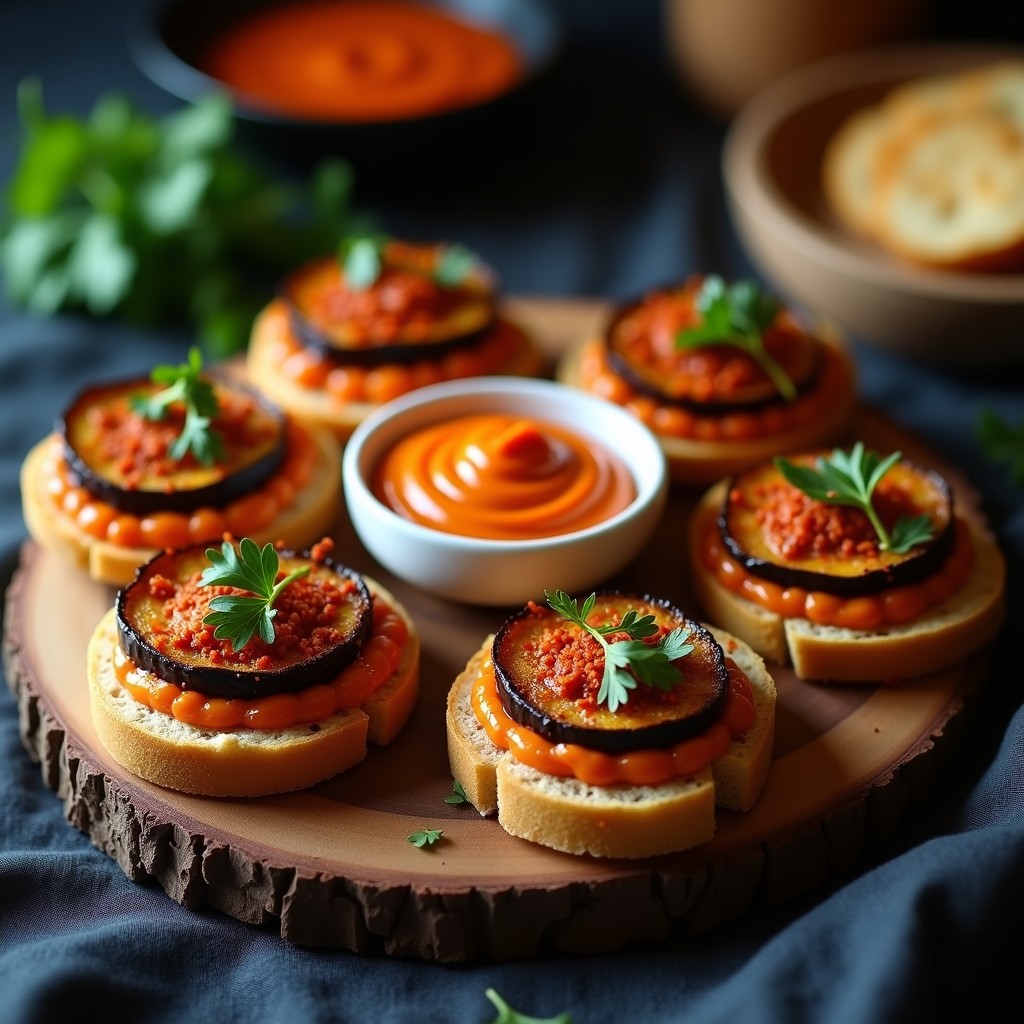 Tostadas doradas de pan de sorgo con capas de hummus cremoso de lentejas rojas y rodajas de berenjena asada con especias, decoradas con perejil fresco. Aperitivo etíope sin gluten y vegano sobre tabla de madera rústica.