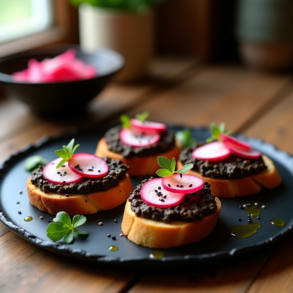 Tostadas doradas de pan de tamari con una capa cremosa de hummus de lentejas negras, coronadas con rodajas rosadas de rábanos encurtidos, semillas de sésamo negro y hojas de cilantro fresco. Plato de aperitivo vegano y sin gluten con contrastes de texturas y sabores umami.