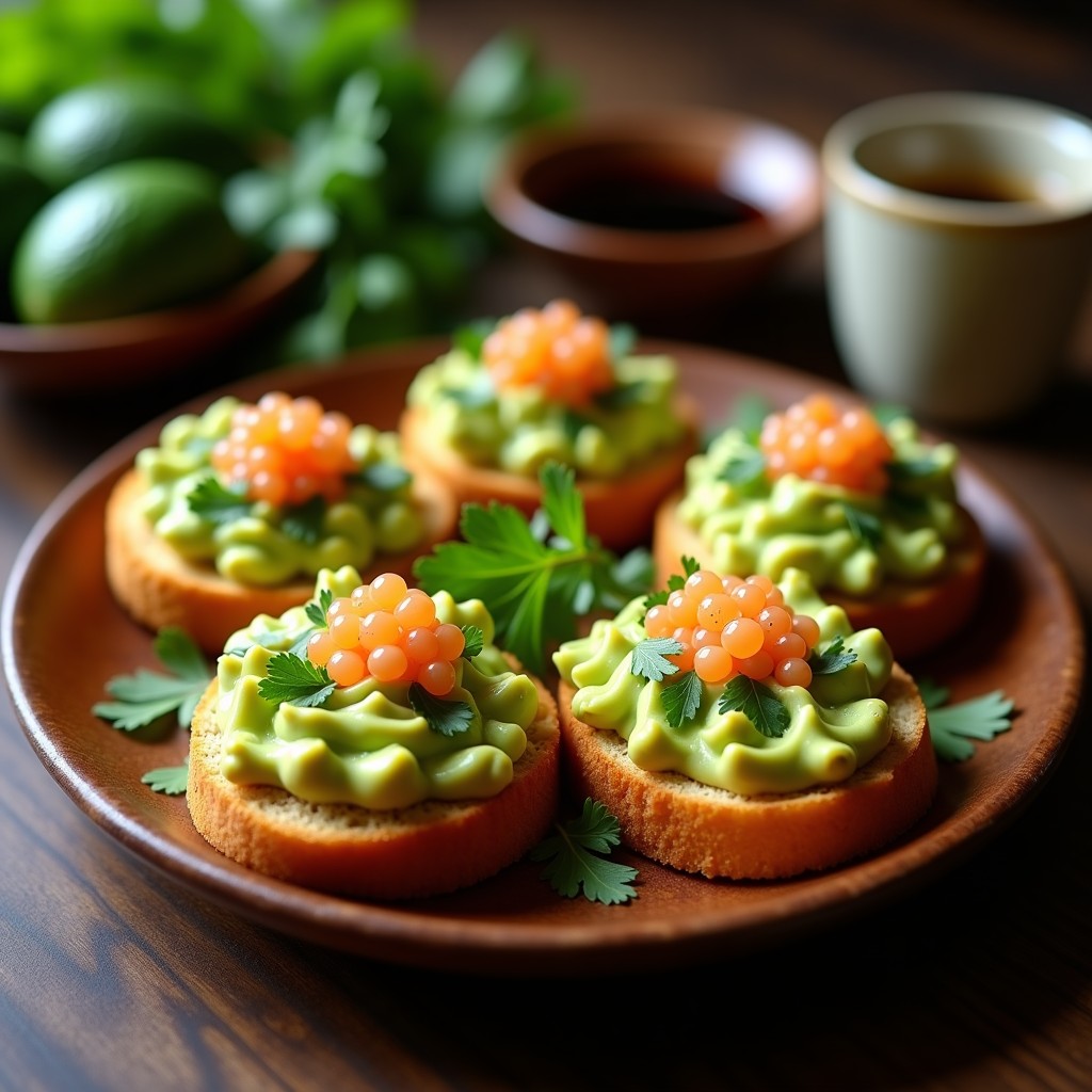 Tostadas doradas de pan de yuca keto con aguacate cremoso machacado y huevas de trucha salteadas, decoradas con cilantro fresco sobre un plato de madera rústico. Desayuno colombiano bajo en carbohidratos.