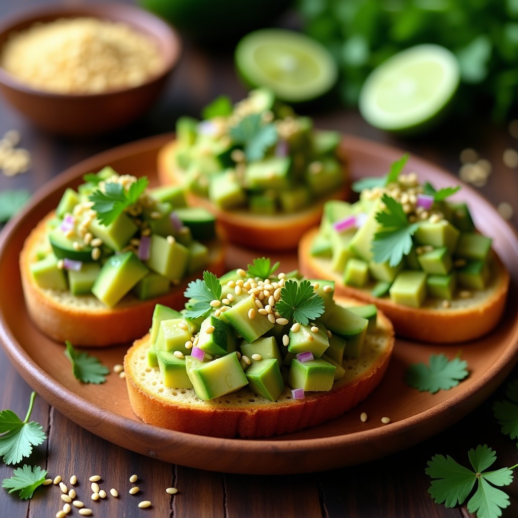 Tostadas doradas y crujientes de pan de yuca con ceviche de aguacate verde cremoso, cebolla morada, tomate cherry y cilantro fresco, decoradas con semillas de sésamo negro y rodajas de lima sobre un plato de madera rústico. Aperitivo colombiano sin gluten.
